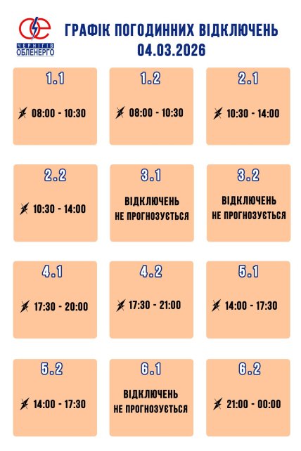 Графики отключений в Черниговской области 4 марта