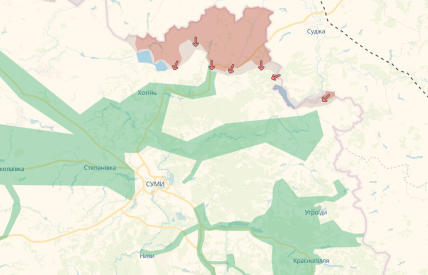 Карта, де йдуть бої у Сумській області 16.08.2025