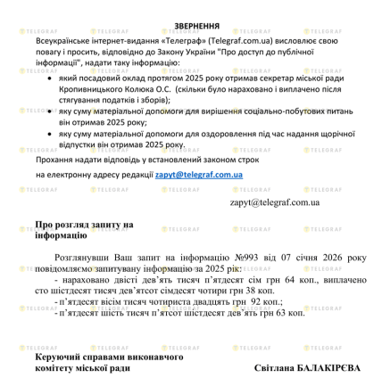 Відповідь міськради на звернення про зарплату Колюки