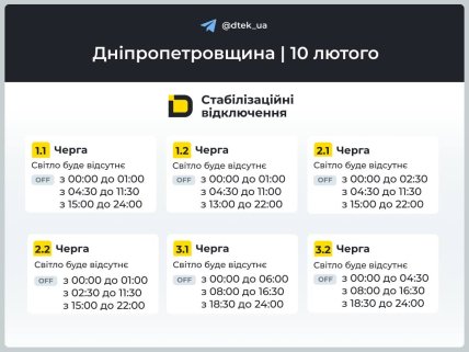 Графики отключений в Днепропетровской области 10 февраля