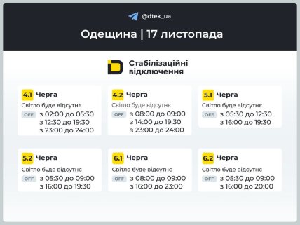 Графики отключения света в Одесской области 17 ноября