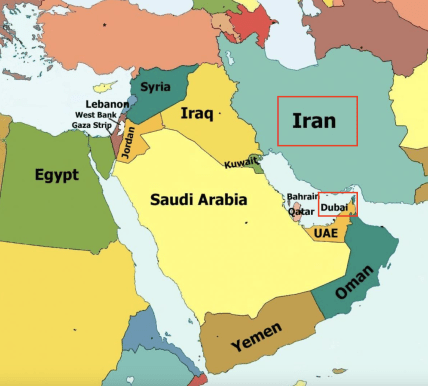 Иран и Дубай на карте