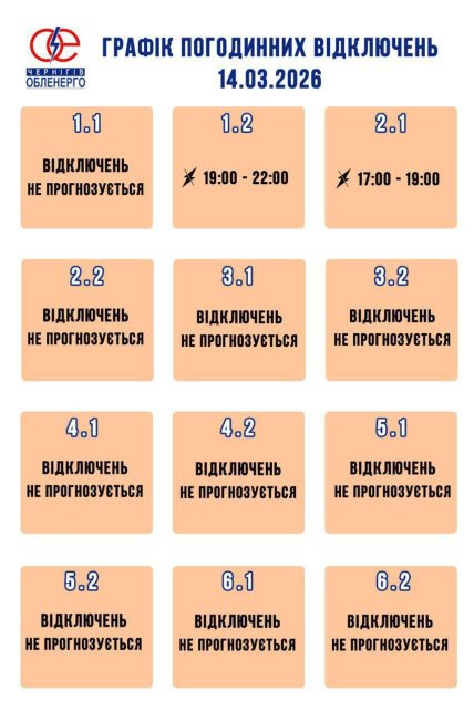Графік відключення світла у Чернігові та області 14.03.2026