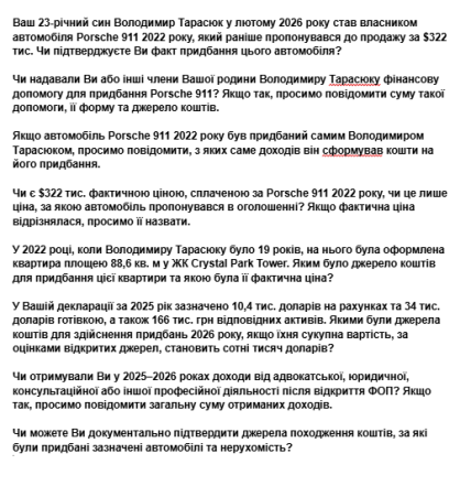Запрос Валерию Тарасюку от редакция издания «Телеграф»