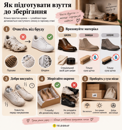 Як підготувати взуття до зберігання. Інфографіка ШІ "Телеграф"