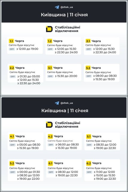 График отключения света в Киевской области 11.01.2026
