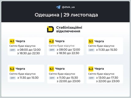 Графіки відключень в Одеській області 29 листопада