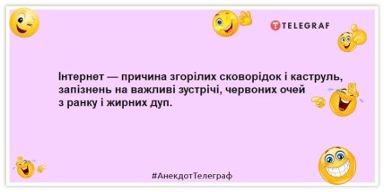 Анекдоти про інтернет - Інтернет — причина згорілих сковорідок і каструль, запізнень на важливі зустрічі, червоних очей з ранку і жирних дуп.