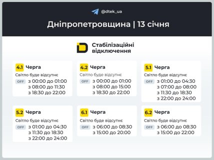 Графіки відключень у Дніпропетровській області 13 січня