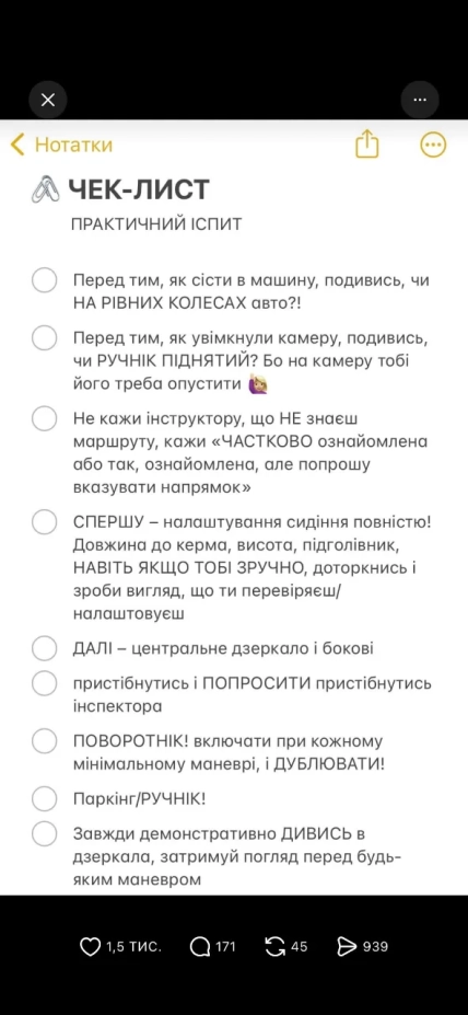 Чекліст практичного іспиту українською мовою: сидіння, дзеркала, ремінь і покажчики повороту