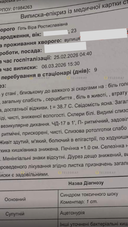 Фото фрагмента выписки из больницы, на котором видно время и дату госпитализации