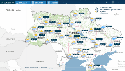 Карта погоди Укргідрометцентру на 22 жовтня 2025