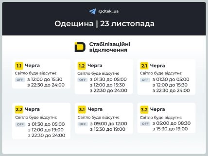 Графики отключений в Одесской области 23 ноября