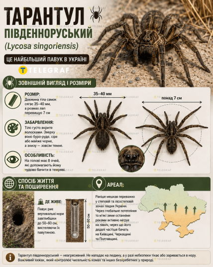 Тарантул южнорусский или паук-волк — характеристики