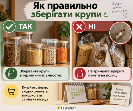 Как правильно хранить крупу | Инфографика: ИИ "Телеграф"