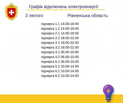 График отключения света в Ровенской области 02.02.2026