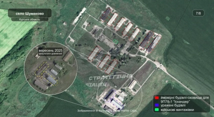 Супутниковий вид бази біля Шумакового з позначеними сховищами й окремими вставками наслідків ураження