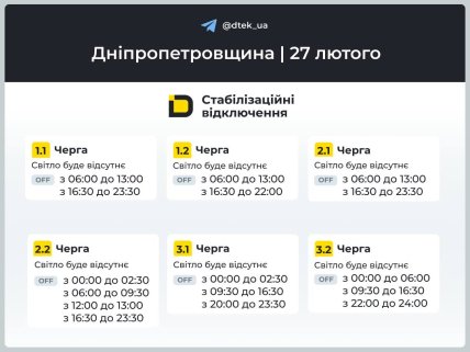 Графіки відключень у Дніпропетровській області 27 лютого