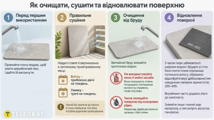 Инфографика с четырьмя этапами ухода за диатомитовой плитой: промывание, сушка, очистка и шлифовка