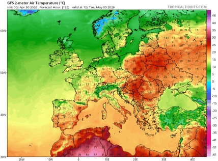 Мапа розподілу денної температури повітря в Європі станом на 5 травня