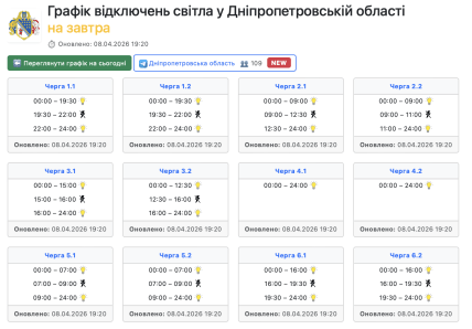 Графіки відключень у Дніпропетровській області 9 квітня