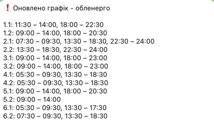 График отключения света в Запорожской области 1 декабря 2025