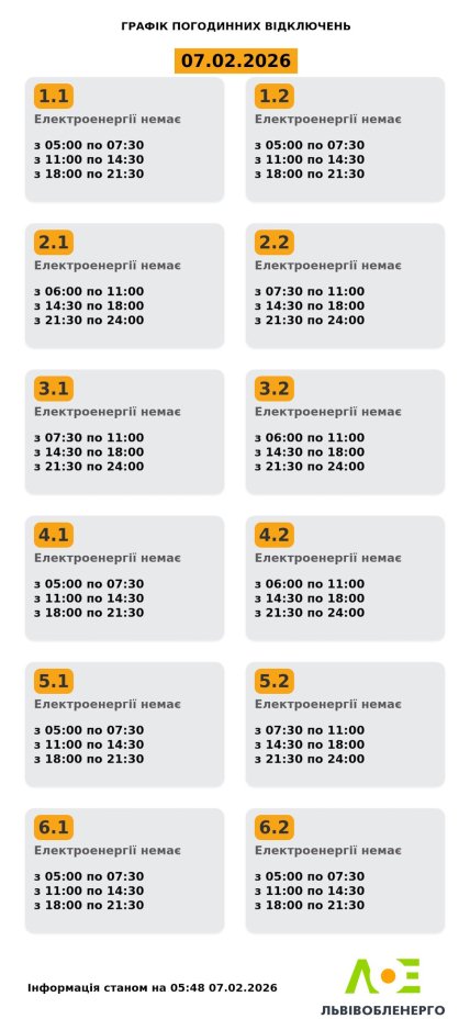 Графік відключень Львів та область 7.02.2026