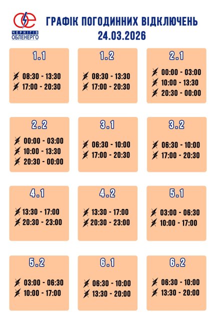 Графики отключений в Черниговской области 24 марта