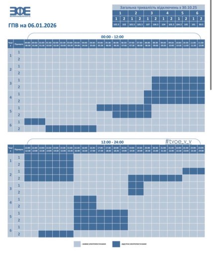 Графики отключений в Волынской области 6 января