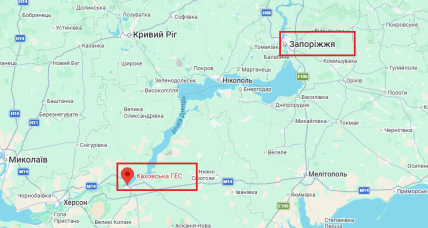 Каховская ГЭС и Запорожье на карте