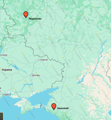 Людиново та Ільський в РФ на карті
