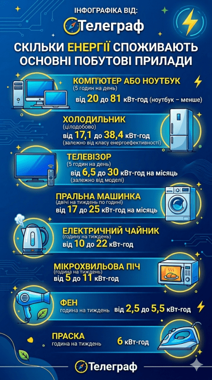 Сколько энергии потребляют основные бытовые приборы, инфографика