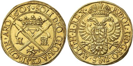 10-кратний дукат 1605 року вільного міста Германштадт (сучасне Сібіу у Румунії)