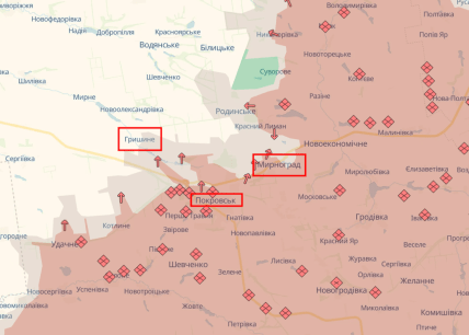 Ситуація в районі Покровська на карті deepstate