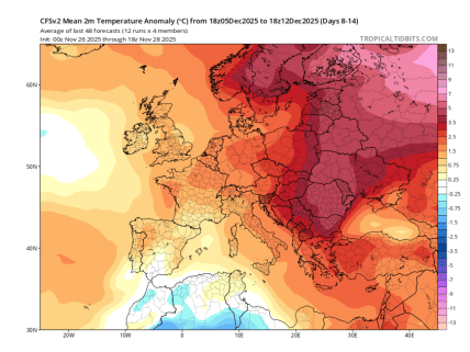 Карта, наскільки буде вище норми температура в нашій місцевості в період з 5 по 12 грудня