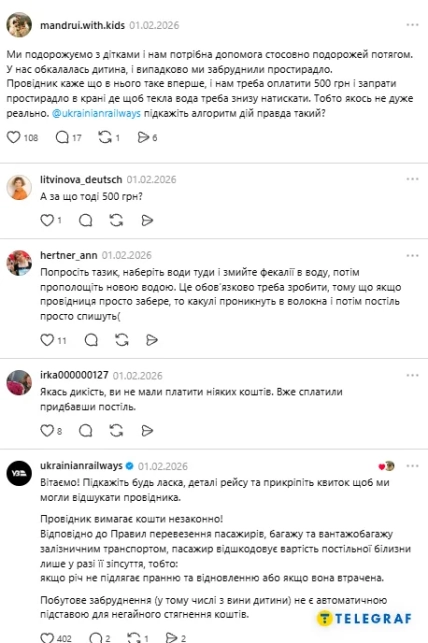 Скріншот публікації Threads з обговоренням забрудненого простирадла у поїзді