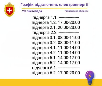 Графіки відключень у Рівненській області 29 листопада