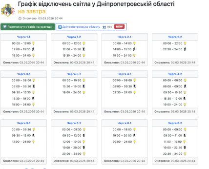 Графики отключений в Днепропетровской области 4 марта