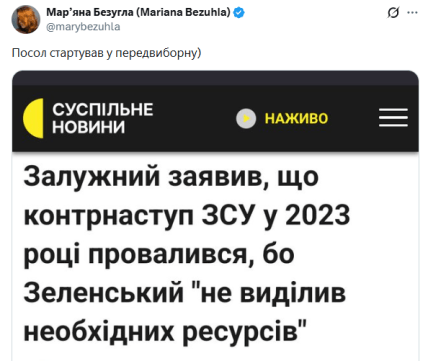 Пост Марьяны Безуглой о Залужном