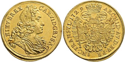 10-кратний дукат 1729 року. Імператор Священної римської імперії Карл VI Габсбург