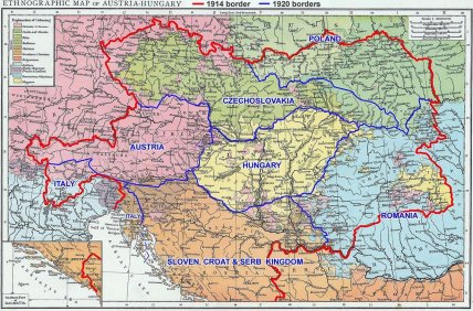 Австро-Угорська імперія (етнічна карта 1890 року, з червоними рамками 1914 року та синіми - 1920 року)