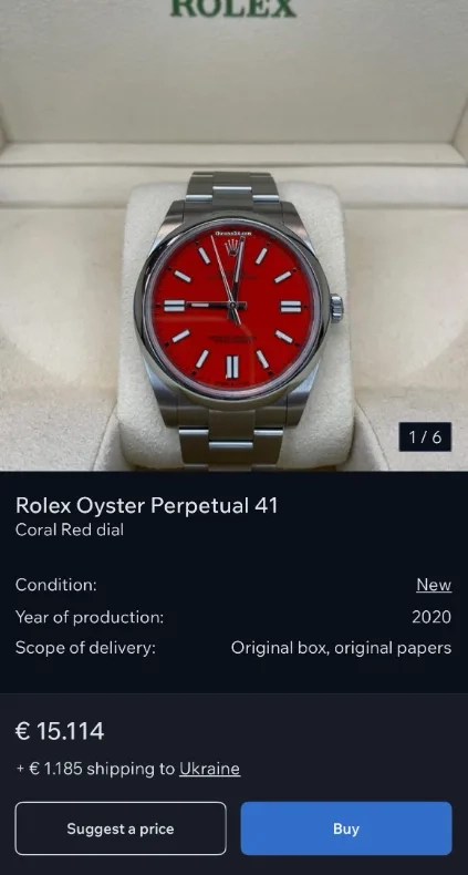 Часы Rolex Oyster Perpetual 41 с красным циферблатом в коробке и объявление о продаже за €15 114