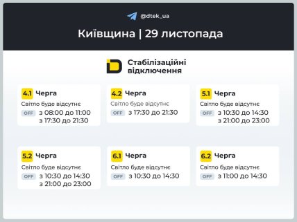Графіки відключень у Київській області 29 листопада