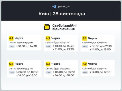 Графіки відключень у Києві 28 листопада