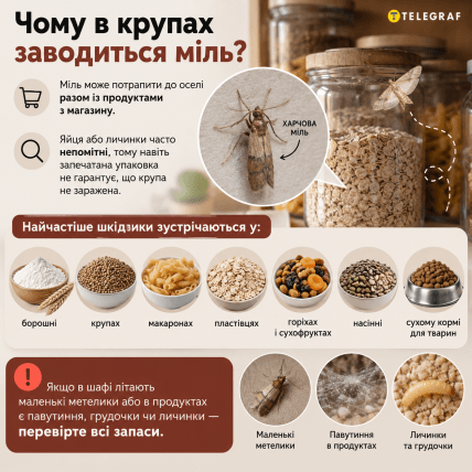 Почему в крупах заводится моль | Инфографика: ИИ "Телеграф"
