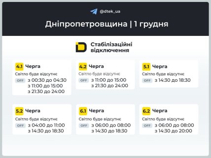 Днепр график отключения света 1 декабря 2025