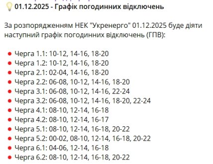График отключения света в Кропивницком и Кировоградской области 1 декабря 2025