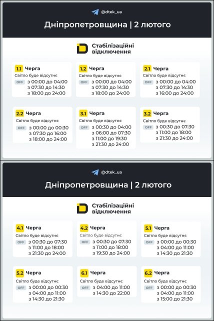 График отключения света в Днепропетровской области 02.02.2026