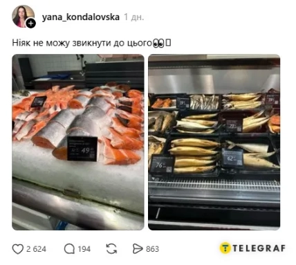 Пост @yana_kondalovska в Threads с двумя фотографиями рыбных прилавков и ценников