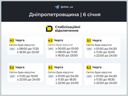 Графики отключений в Днепропетровской области 6 января